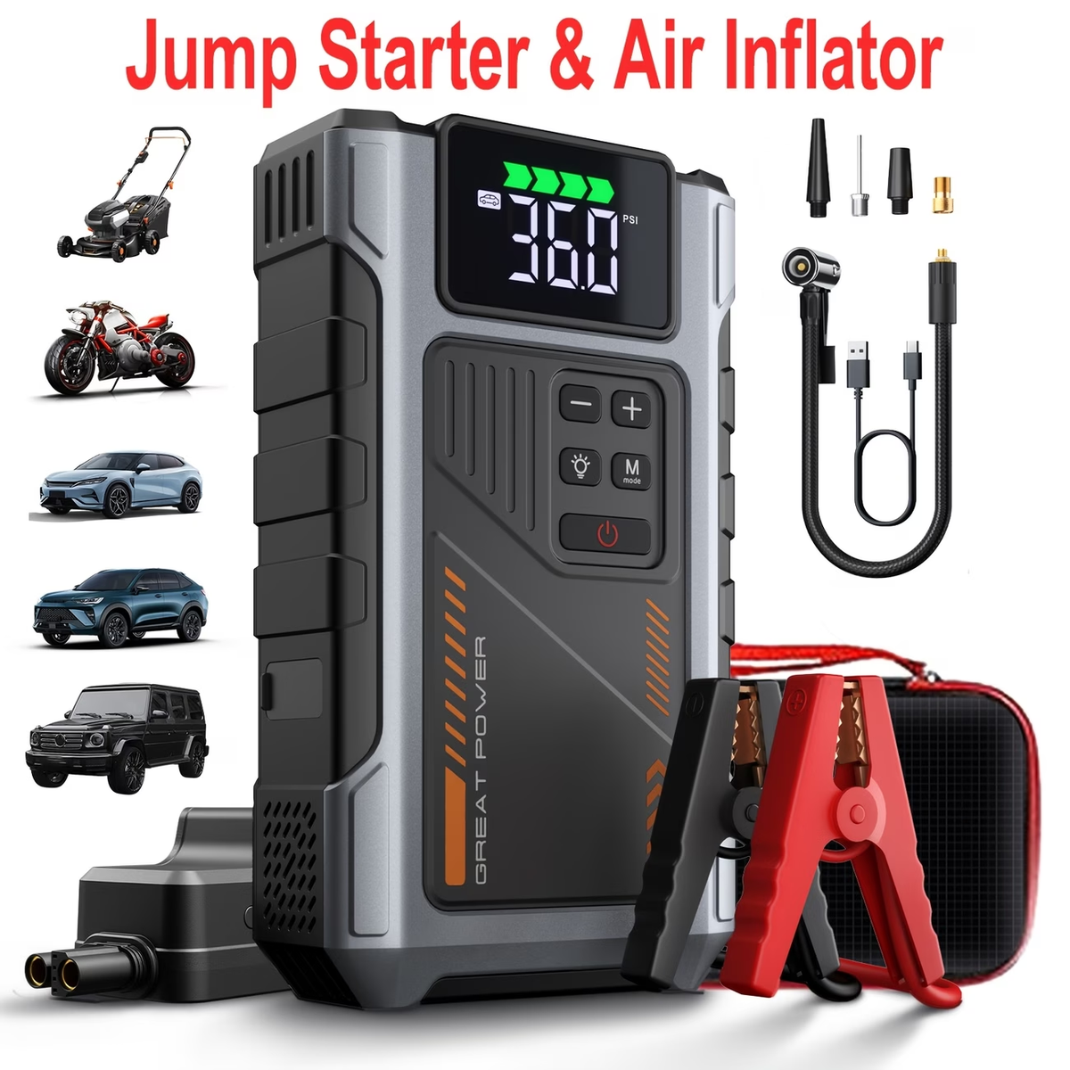 9-in-1 Portable Jump Starter with Air Compressor, Battery Jump Starter Portable Peak, Car Battery Charger Portable For12V(8.0LGas/1.72gal Diesel) Start The Car Quickly, USB Input/output, LED Emergency, Car Accessories Tools, Wireless Car Air