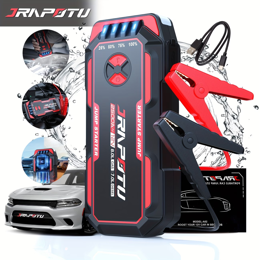 Portable Car Jump Starter, 2500A Peak Battery Jumper Starter Portable, Jump Box for Car Battery, 12V Portable Jump Starter for 2.11gal Gas & 1.85gal Diesel Cars with USB Ports & LED Flashlight, Car Battery Charger Jump Starter, Battery Starter