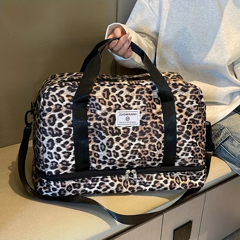 Trendy Leopard-Patterned Suitcase with Ample Space, Featuring a Separate Compartment for Shoes, an Adjustable Shoulder Strap, Ideal for Gym, Yoga, And Weekend Getaways, As Well As Leisure Activities And Outdoor Camping