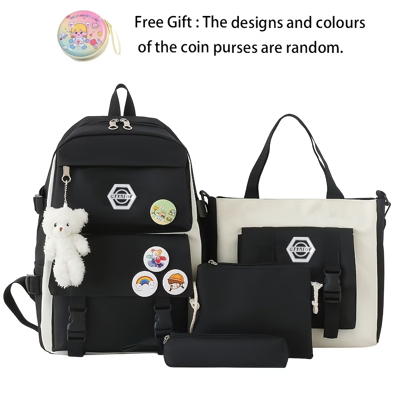 4pcs/Set Easy Leisure Backpack Large Capacity Schoolbag Travel Bag Canvas Shoulder Bag, for Teenager, For Teenager