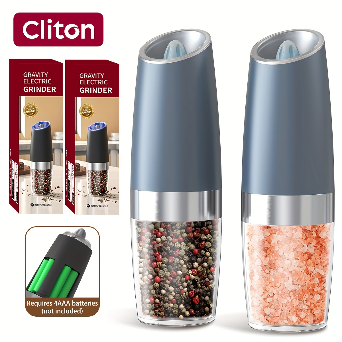 1/2pcs/set, Gravity Electric Salt And Pepper Mill, Powerful Pepper Grinder, Tilt to Grind Automatically, Battery Powered, Coarseness Adjustable, Upgraded Large Capacity, Easy to Clean, One-Hand Operation, Kitchen Essentials, LED Light, Gift Ideas