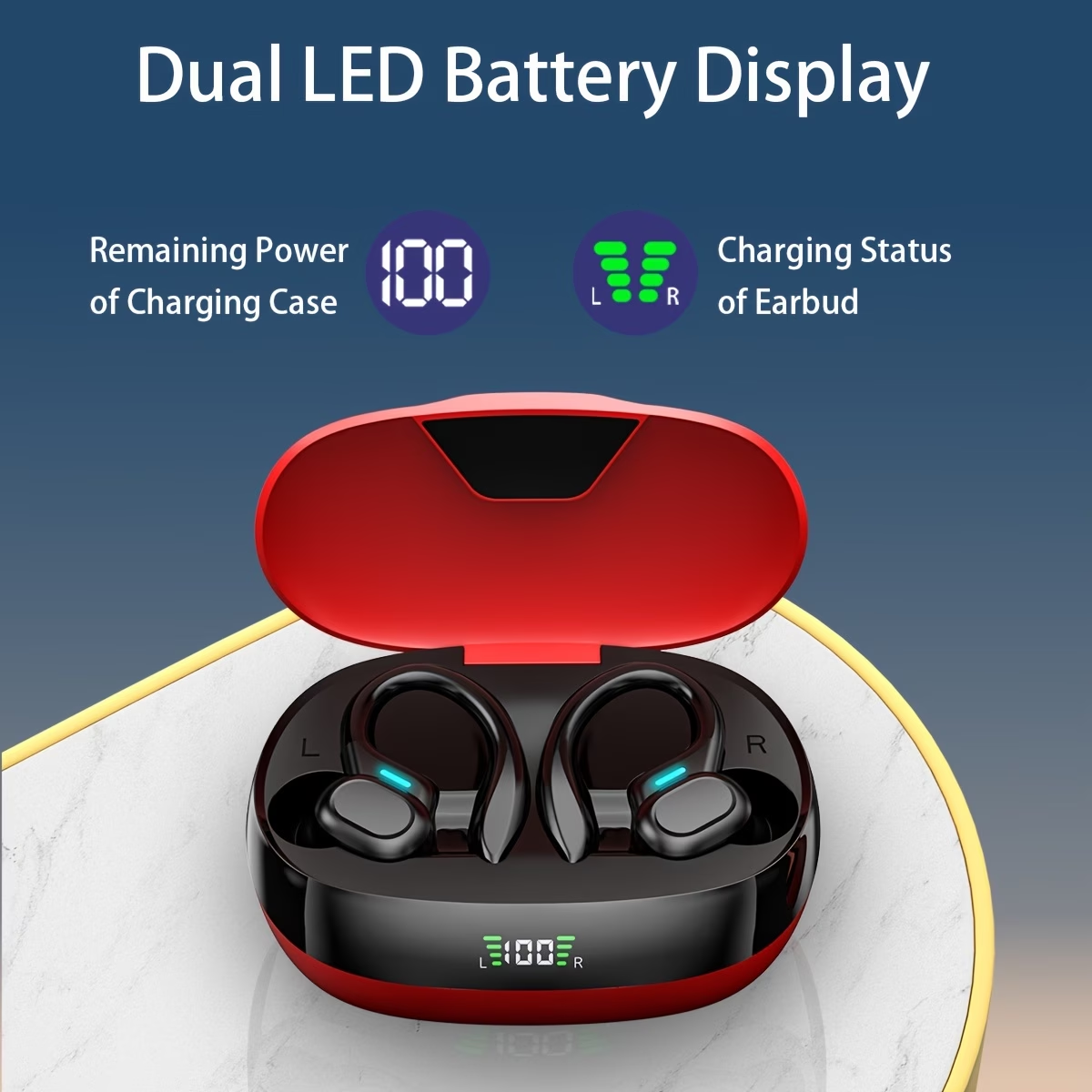 True Wireless Earbuds with Mic, TWS In-Ear Headphones with ENC Noise Cancelling Mic, Sport Earhook Headset, Stereo in Ear Headphones with LED Display Charing Case, Wireless Running Sports Earbuds Earhook