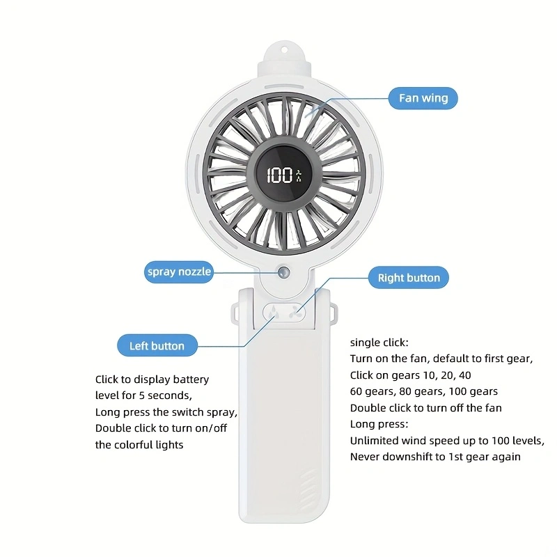 Handheld high-speed misting fan, foldable desktop/neck fan, foldable mini fan, misting fan.