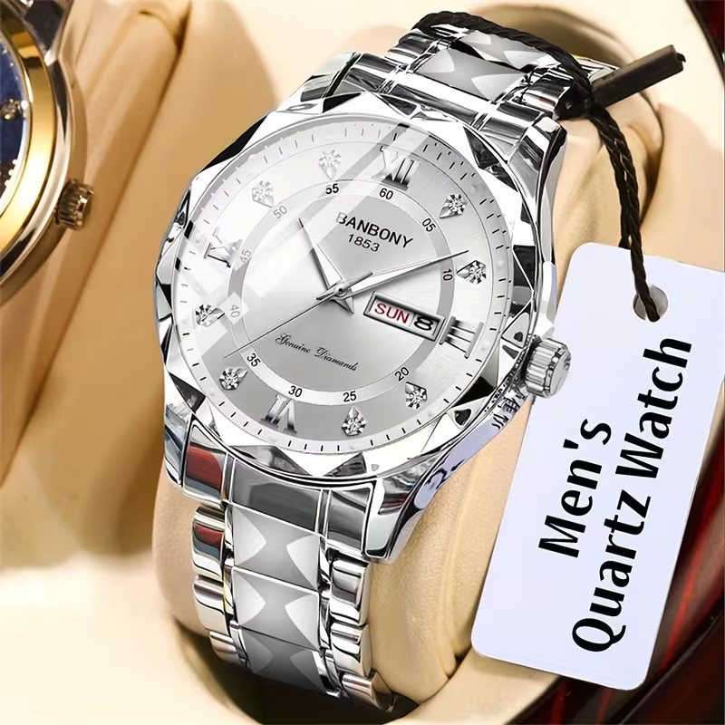1 New Stainless Steel Men'S Quartz Watch with Roman Numerals, Rhinestone Dial, Date Calendar, Trendy Minimalist Luxury Brand, Luminous Sports Casual Business Multi-Functional Watch - Ideal Birthday Gift and Holiday Present, Elegant Watch For Men