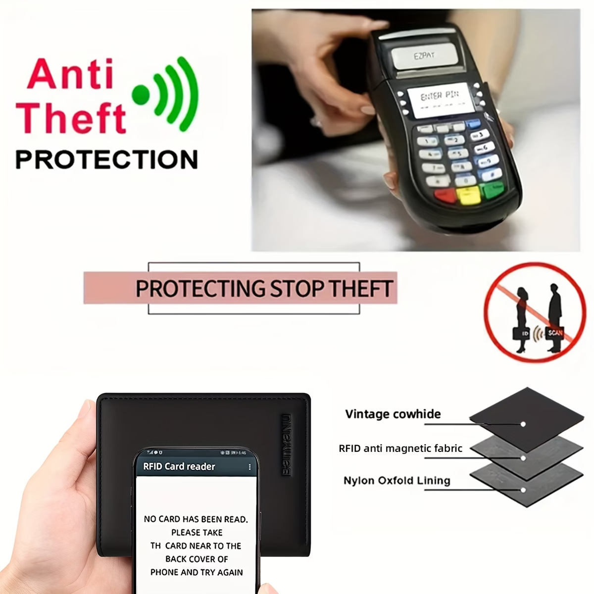 Genuine Leather Three-Fold Wallet for Men, 13 Card Slots with Anti-Theft Feature