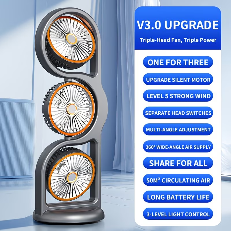 Triple Head Air Circulating Fan, 360 Degree Oscillating Quiet Tower Fan with Brushless Motor, Multiple Speed Modes, 1181.1inch Long Range Airflow, Independent 3-Head Control, Portable Standing Cooling Fan for Home Office Bedroom Living Room