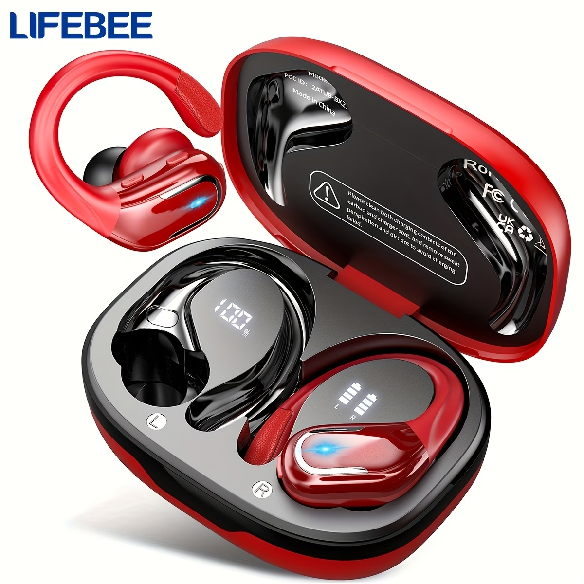 LIFEBEE Wireless Earbuds with Earhooks - Pure Bass Sound, Dual-LED Display, Noise Cancelling Headset with Built-in Microphone for Running Sports
