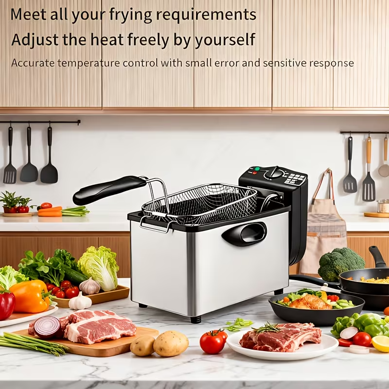 Electric Deep Fryer with a Stainless Steel Basket, Removable Lid, And Oil Container