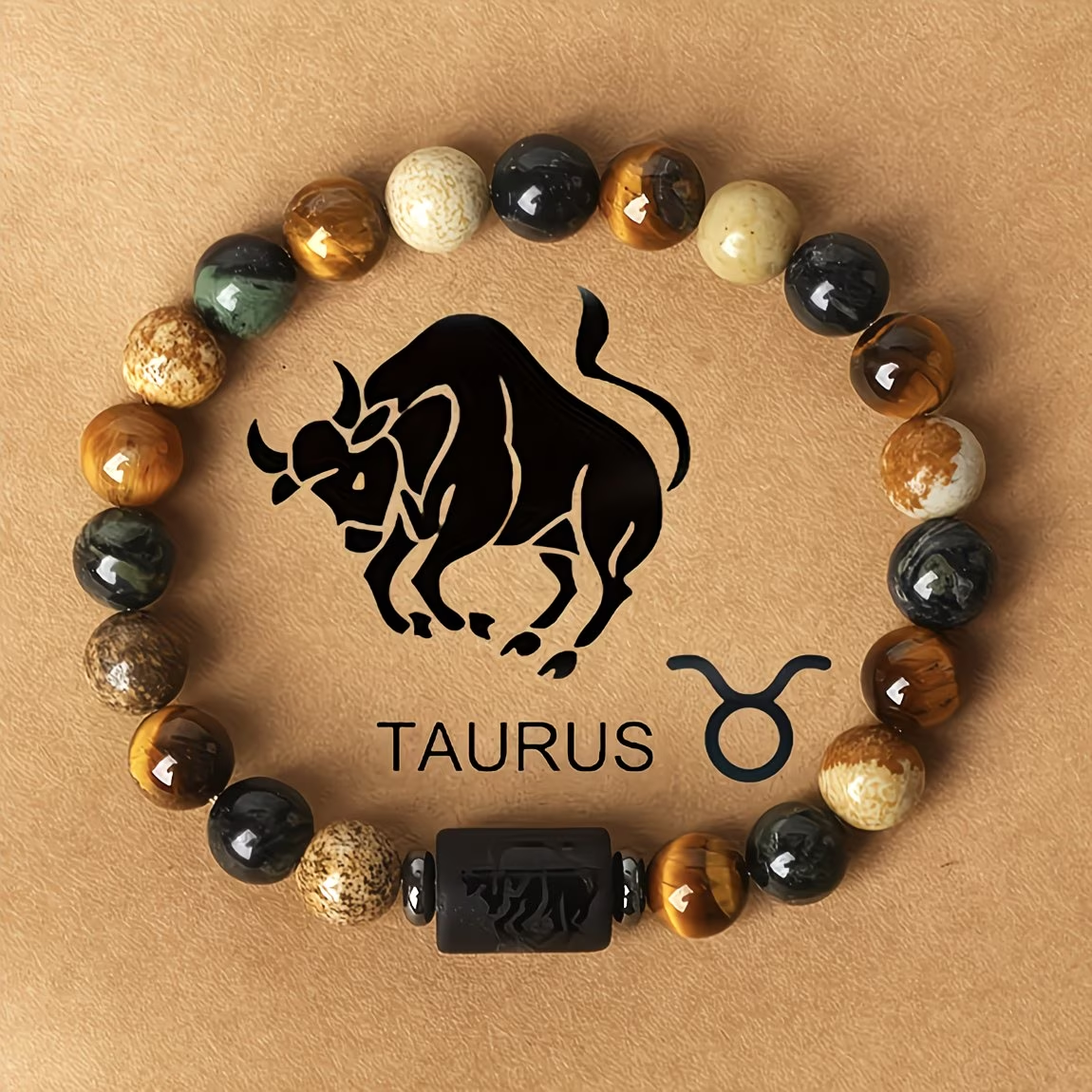 1pc 12 Constellations Zodiac Natural Stone Beaded Twelve Constellations Tiger Eye Stone Picture Stone Birthday Gift Valentine'S Day Gift Zodiac 19Cm/7.48Inch