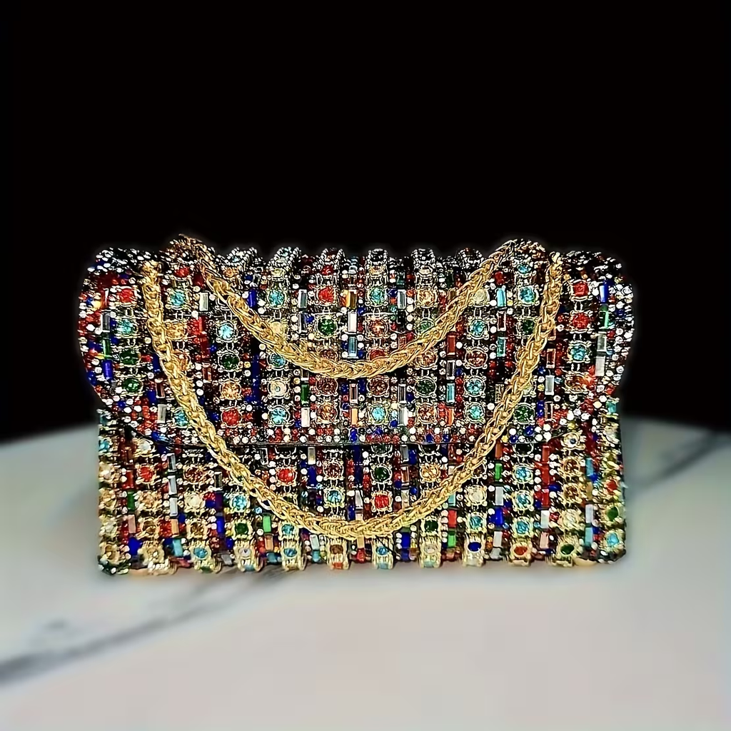 Rhinestone Clutch Bag Women'S Evening Bag, Sparkling Handheld Party Wallet, Texture, Full Diamond Heavy Decoration, Large Capacity, Golden Chain Shoulder Strap, Suitable For Dinner, Party, Formal Events, Halloween Gifts, Christmas Gifts