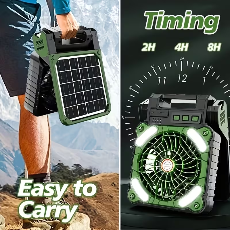 New Portable Solar Fan with LED Light, USB Rechargeable, Suitable for Camping, Foldable Outdoor Fan, And Desktop Fan