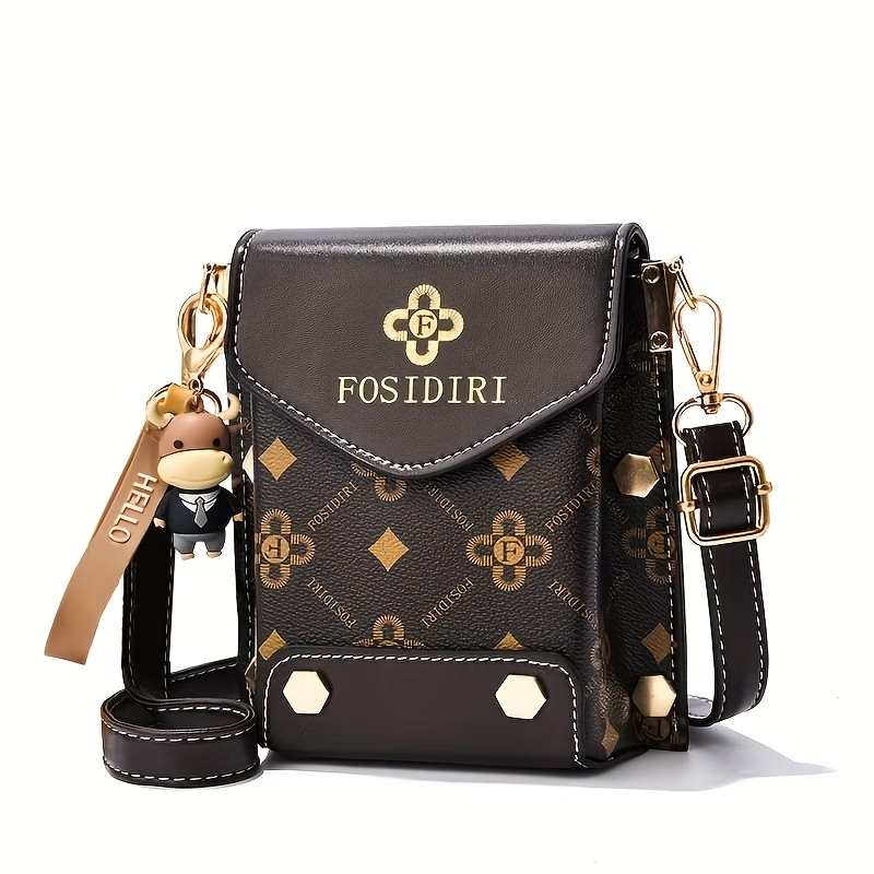 FOSIDIRI Women'S Fashionable Faux Leather Crossbody Bag - Geometric Pattern, Magnetic Closure, Adjustable Strap, Stylish Black & Beige Design with Floral Accents, Everyday Bag|Geometric Pattern Bag|Magnetic Closure Bag