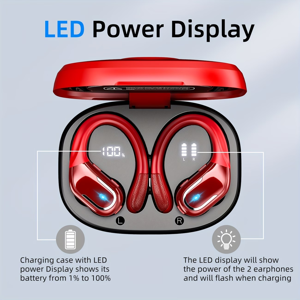 LIFEBEE Wireless Earbuds with Earhooks - Pure Bass Sound, Dual-LED Display, Noise Cancelling Headset with Built-in Microphone for Running Sports