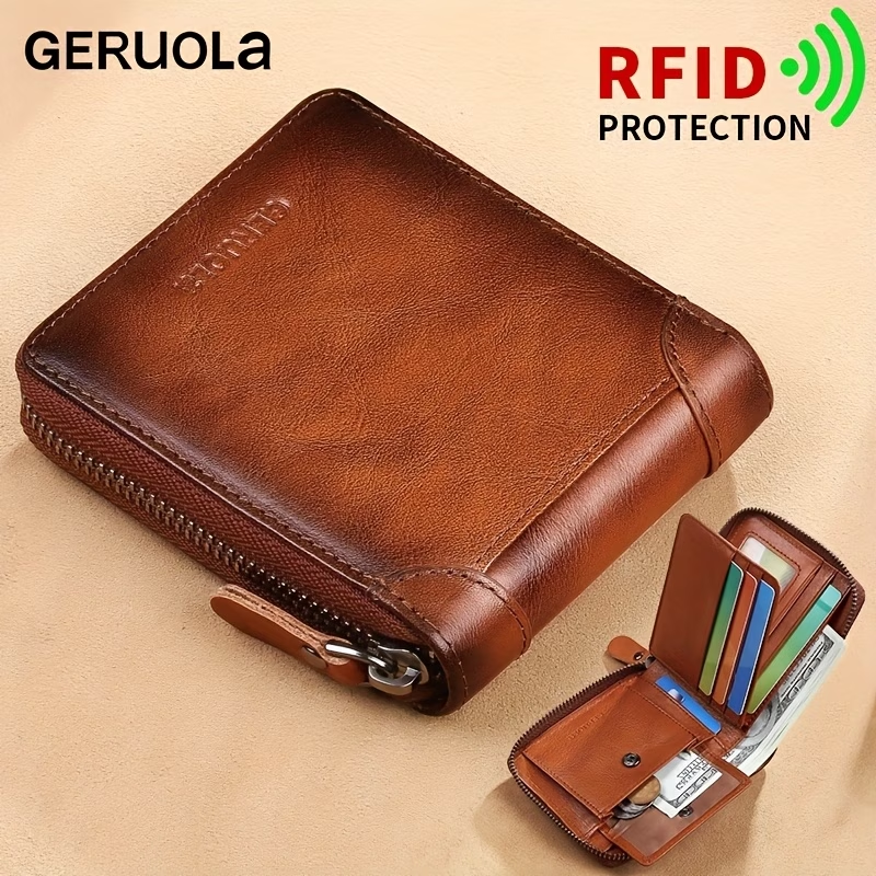 Men'S New Genuine Leather Short Wallet with Large Capacity, Zipper, Tri-Fold Design, And Ultra-Thin Cardholder