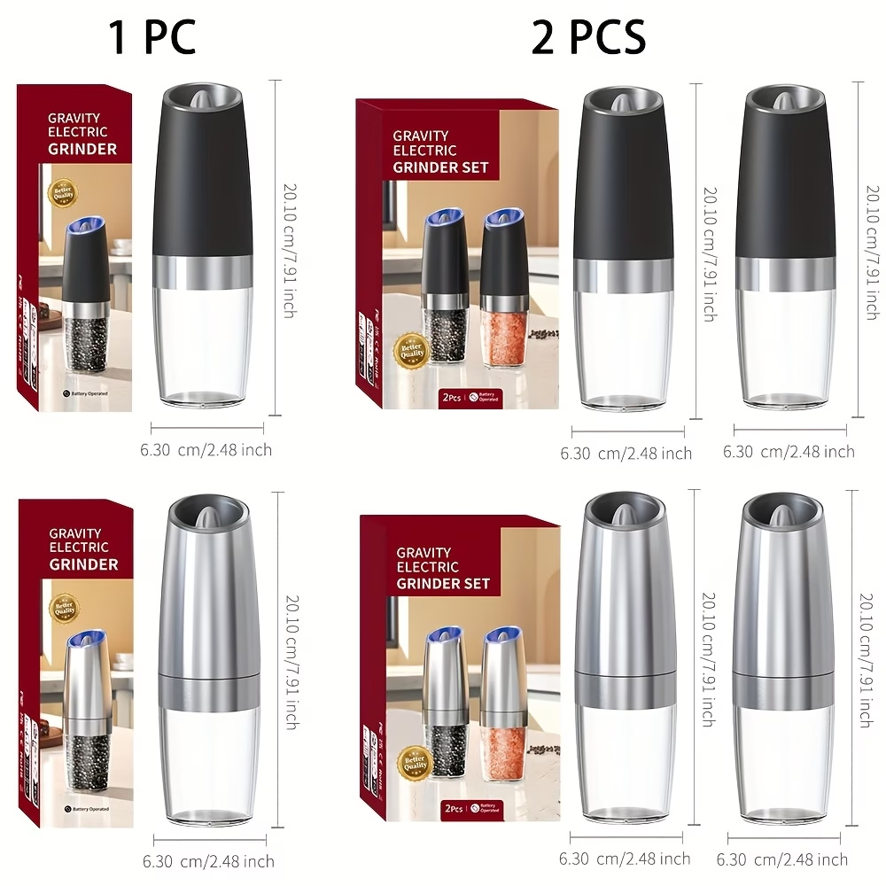 1/2pcs/set, Gravity Electric Salt And Pepper Mill, Powerful Pepper Grinder, Tilt to Grind Automatically, Battery Powered, Coarseness Adjustable, Upgraded Large Capacity, Easy to Clean, One-Hand Operation, Kitchen Essentials, LED Light, Gift Ideas