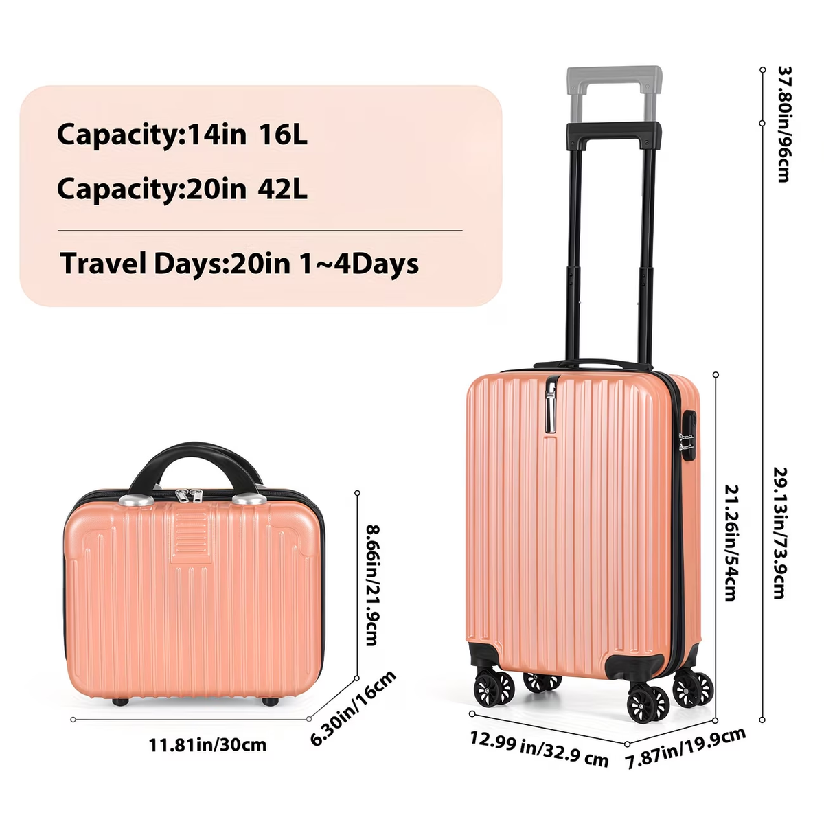 2pcs Luggage Set, 20-Inch Rolling Suitcase & 14-Inch Makeup Bag, Travel Carry-On Trolley Bag with Spinning Wheels & TSA Lock for Business & Leisure Flights. Available In Four Colors.