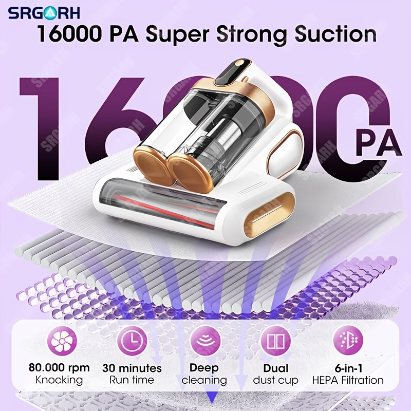 3-minute Fast Charging Cordless Mattress Vacuum Cleaner, 16Kpa Suction Power, 253.7nm UV Light And 80, 000 RPM Sonic Technology, Portable Double Cup Handheld USB Rechargeable, Suitable for Beds, Fabric Sofas, Carpets, Mother's Day Gift