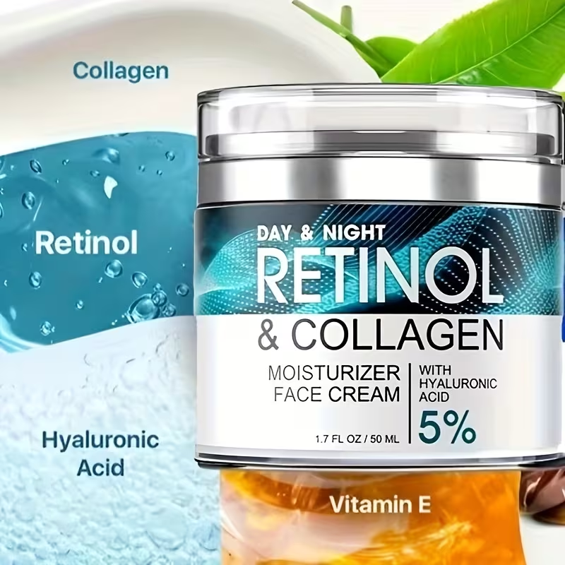 1pc 50ml Retinol Moisturizing Cream with Collagen, Hyaluronic Acid & Vitamin E • Hypoallergenic Face Moisturizer for Dry Light • Improves Elasticity • Hydrating Lotion for Women & Men • All Light Types • Daily Skincare • Sleek Jar Design