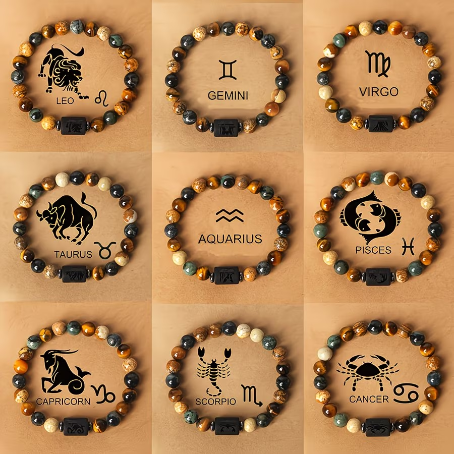 1pc 12 Constellations Zodiac Natural Stone Beaded Twelve Constellations Tiger Eye Stone Picture Stone Birthday Gift Valentine'S Day Gift Zodiac 19Cm/7.48Inch