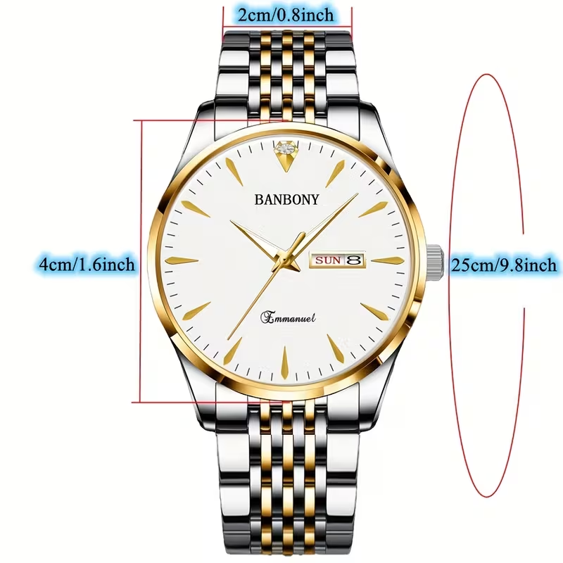 New Banbony Unisex Stainless Steel Quartz Watch with Rhinestone Accents, Water-Resistant IPX7, Sleek HD Dial, Date Display, Golden-Tone Finish - Ideal for Casual Wear, Parties, and Gifts