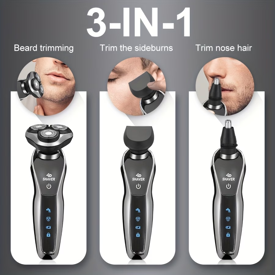 3-In-1 Electric Shaver, Rotary Shaver, Sideburns Trimmer, Nose Hair Trimmer; USB Charging, 3D Floating Shaving, Clean Shaving, Men'S Holiday Gift