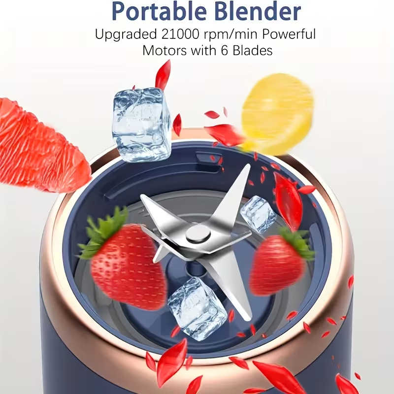 Portable Juicer That Can Be Charged Via USB, Comes with Two Cups, Features a Sport Cup Lid, And Is Multifunctional. It Has a Design And a Six-Blade System for Quick Juicing, Producing Smooth Juice, Making It Ideal for Home, Kitchen, And Travel Use