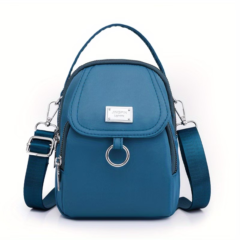 OGEHUAFEE Women'S Light Blue Nylon Shoulder Bag - Casual Mini Crossbody with Adjustable Strap, Multi-Layer, External Headphone Hole, Solid Color, Secure Zip Closure, Small Crossbody Bag