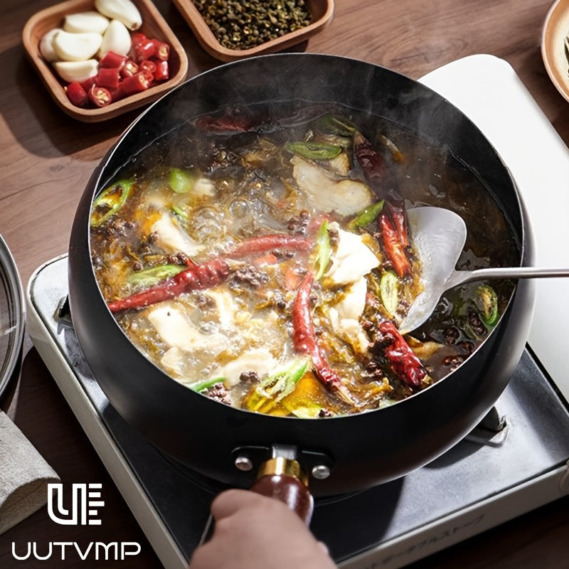 Deepening flat bottomed non stick iron pan, 24cm/9.44inch household deep frying pan, one-piece forged thickened substrate