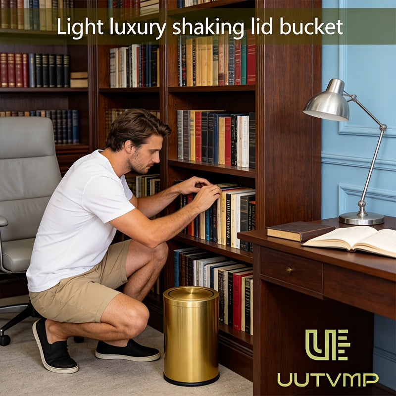 Customized for high-end use 9L gold plated luxury covered garbage bin, silent shaking lid garbage bin, villa luxury bathroom living room anti fingerprint waterproof garbage bin
