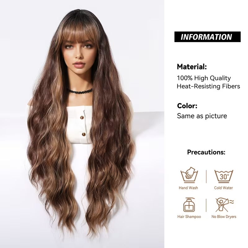[Brown Curly Daily Wear Wig] Elegant 32" Brown Curly Wig with Bangs for Women - Soft, Heat-Resistant Synthetic Hair, Perfect for Daily Wear & Special Occasions