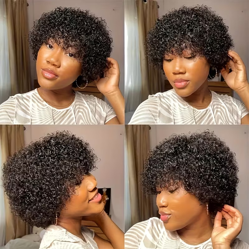 Short Afro Kinky Curly Wigs for Women Human Hair Curly Pixie Cut Wig Natural Black Color Glueless Short Afro Kinky Wig Brazilian Virgin Human Hair African Style Daily Party Wear Wigs