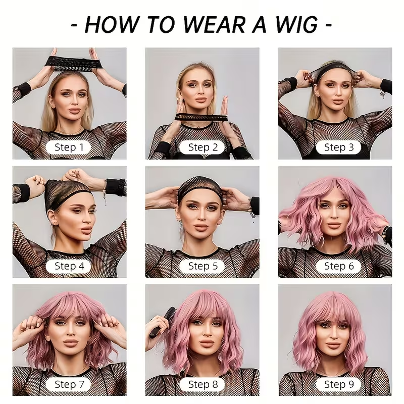 12-inch Women'S Coffee and Platinum Gradient Air Bangs Bobo Hair | Rose Net Full Head Cover, Straight High Temperature Fiber, Ideal for Work, School, Makeup, and Cosplay Events