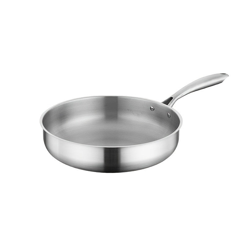Uncoated stainless steel single handle frying pan, 11.02 inch flat bottomed healthy non chemical coating, evenly heated, universal for induction cookers and gas stoves, suitable for frying eggs, steaks, and dumplings