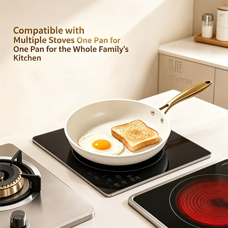 High appearance cream white non stick frying pan, golden handle, pot diameter 11.02 inches, flat bottom with uniform thermal conductivity