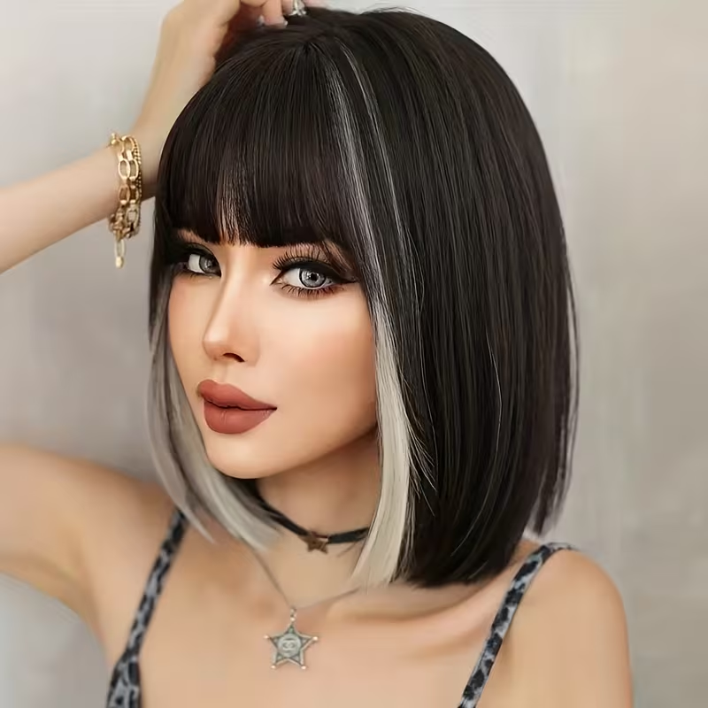 Dress up Popo Wig Short Straight White High Gloss Black Wig Suitable for Women's Daily Party Use with Bangs, Daily Wig Wearing, Women's Fashion