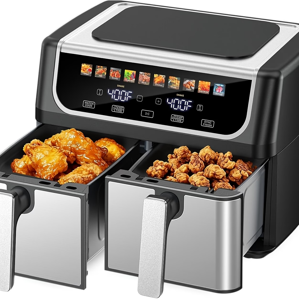 9.5 Quart Large Dual Basket Air Fryer with Double Basket, Independent Temp Control & Sync Mode, 10 Presets (Bake/Broil/Defrost/Dehydrate), Shake Reminder System, Compatible for Plug for Appliance