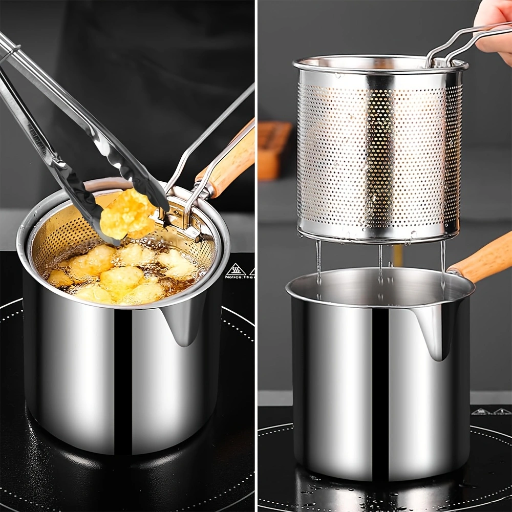 Stainless Steel Deep Fryer, Multifunctional Small Pot, Home Use Deep Fryer, Oil-Saving Small Fryer with Basket, Includes Pot and Tongs (3 Items Total), Suitable for Kitchen and Catering