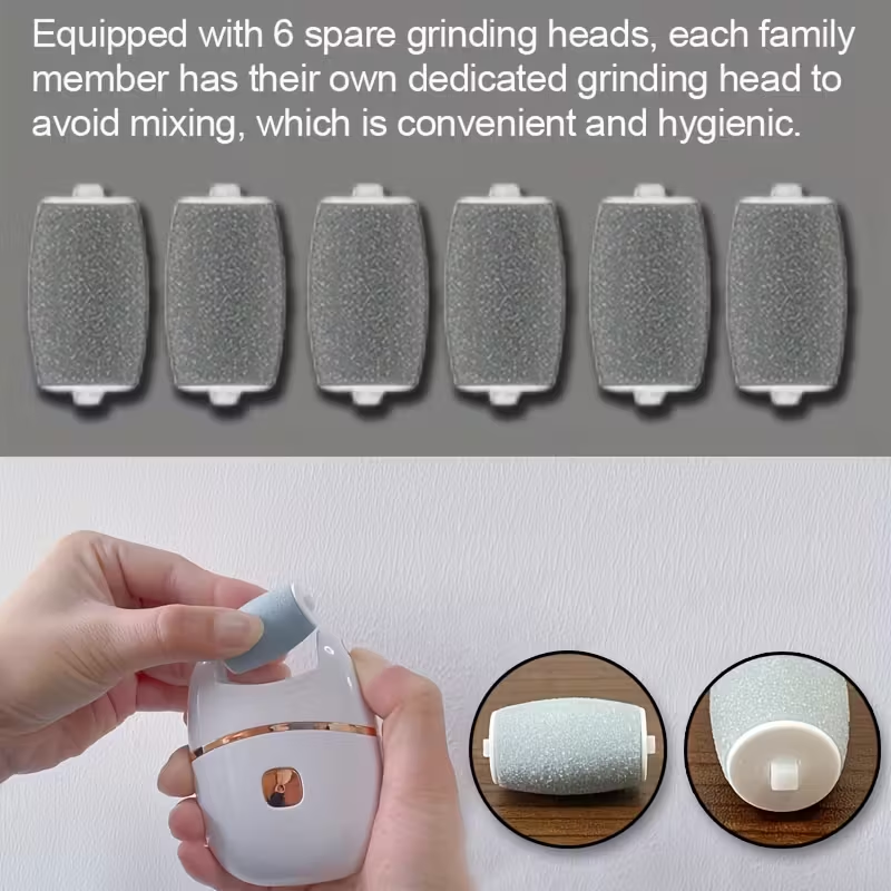 Rechargeable Electric Foot Scrubber with 6 Interchangeable Heads for Removing Dead Skin And Polishing, Powered by USB, Featuring a Smooth Two-Tone Design (White And Golden) And an Ergonomic Handle for a Comfortable User Experience.