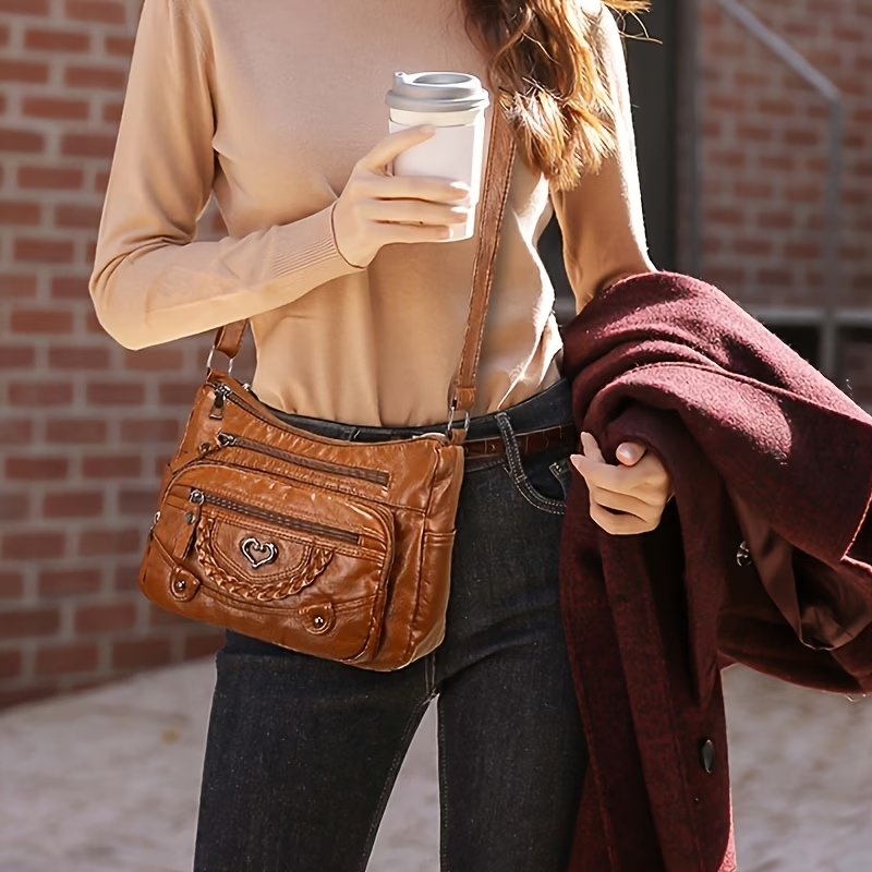 Multi-Pocket Hot Selling Vintage Crossbody Bag - Adjustable Shoulder Strap & Multi-Pocket Design, Large Capacity Heart Decoration Casual Monochrome Tote, Fashionable Trendy Choice, Suitable for Daily Use