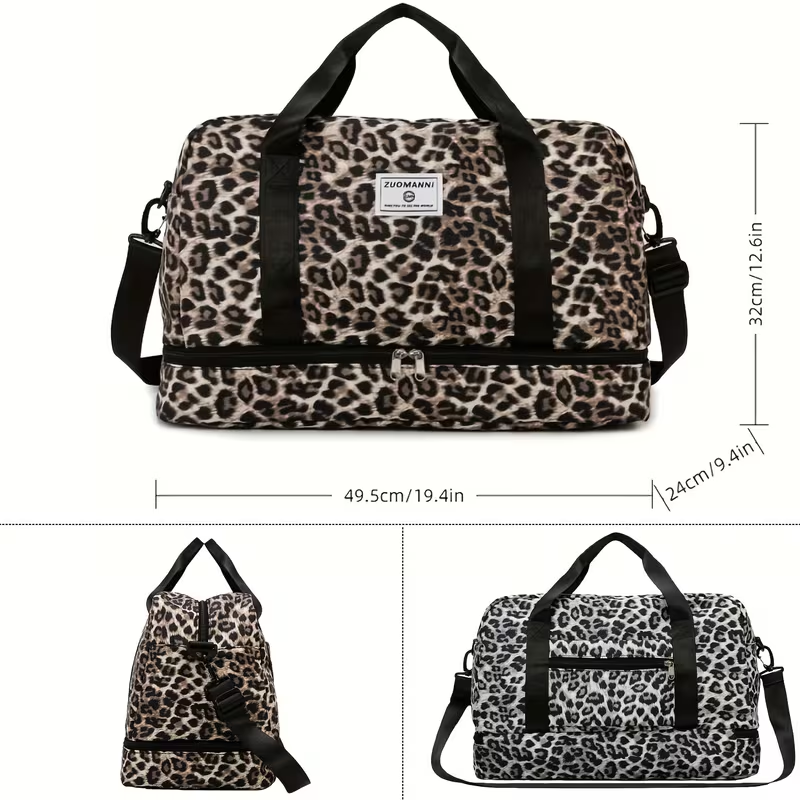 Trendy Leopard-Patterned Suitcase with Ample Space, Featuring a Separate Compartment for Shoes, an Adjustable Shoulder Strap, Ideal for Gym, Yoga, And Weekend Getaways, As Well As Leisure Activities And Outdoor Camping
