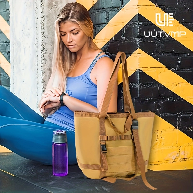 This outdoor khaki tote bag features multiple compartments and can be worn on the shoulder, by the hand, or crossbody for various occasions, including camping, hiking, outdoor commuting, and everyday outings.