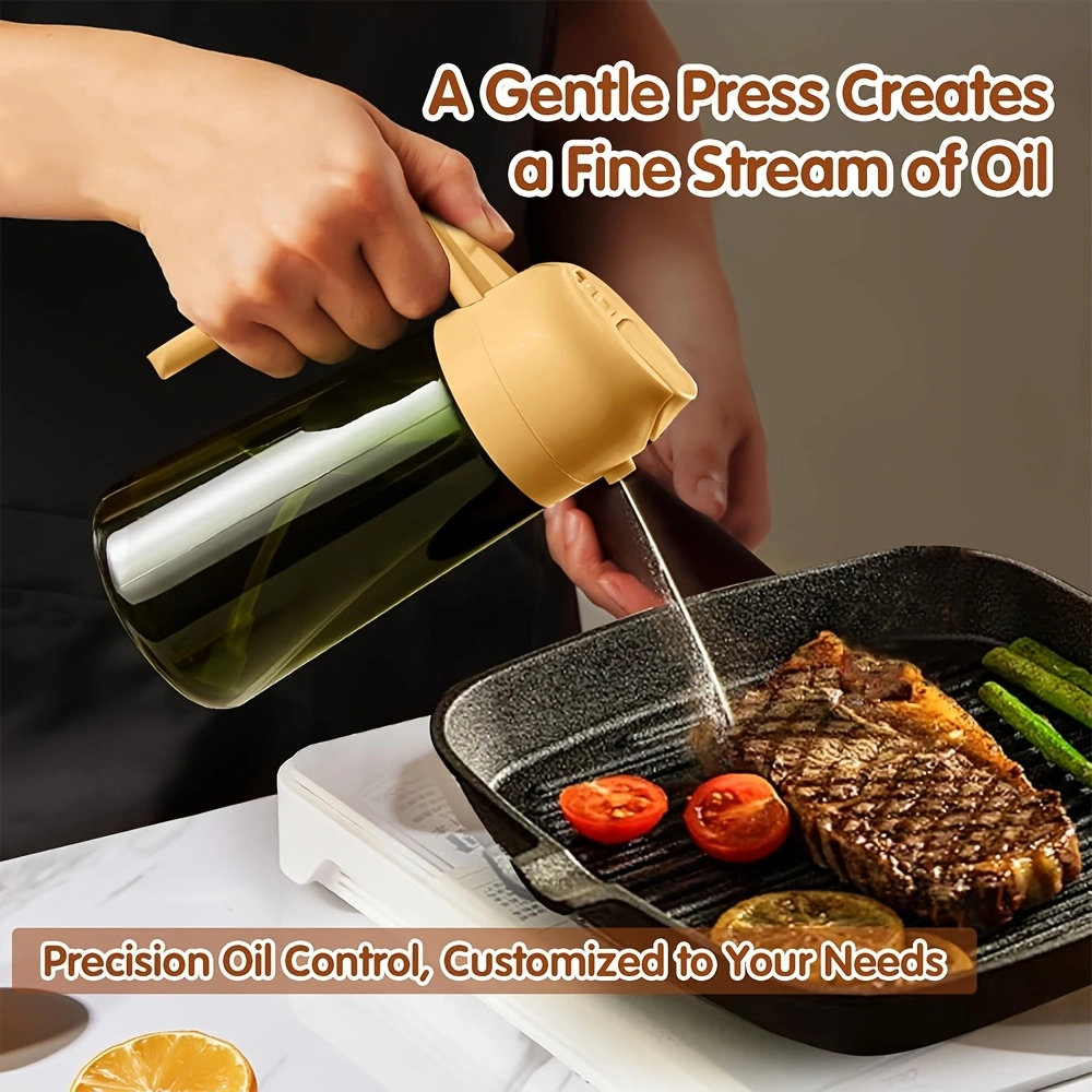 2-piece openable push-button oil spray bottle, 470ml glass spray and invert dual-use oil bottle, household olive oil spray bottle, automatic back-suction nozzle, double seal to prevent leakage when inverted.