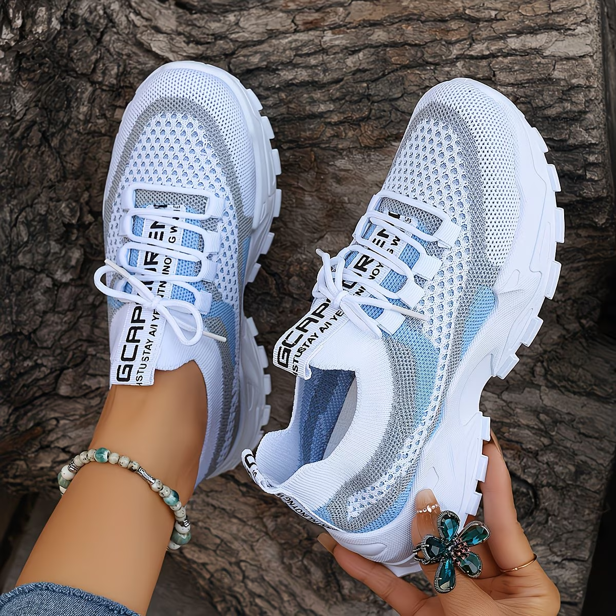 Women'S Color-Blocked Casual Sneakers, Breathable Lace-Up Running Shoes with Flying Woven Design, Stylish Mesh Platform Casual Footwear., Women Shoes