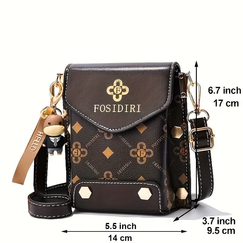 FOSIDIRI Women'S Fashionable Faux Leather Crossbody Bag - Geometric Pattern, Magnetic Closure, Adjustable Strap, Stylish Black & Beige Design with Floral Accents, Everyday Bag|Geometric Pattern Bag|Magnetic Closure Bag