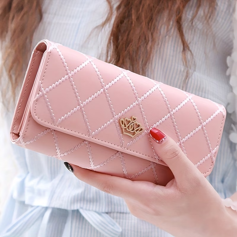 New Fashion Metal Crown Women's Wallet Tri-fold Wallet Long Large-capacity Mini Wallet Zipper Synthetic Leather Wallet