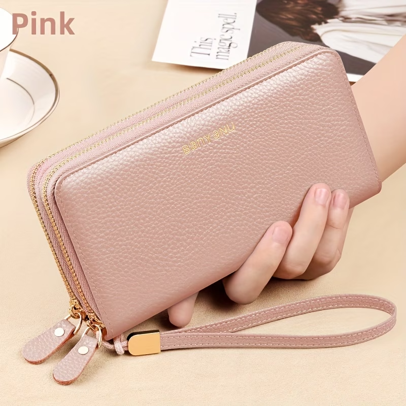 Women'S Long Wallet, Stylish And Spacious, Made of Top-Layer Cowhide, Double Zipper Genuine Leather Clutch Bag 9009
