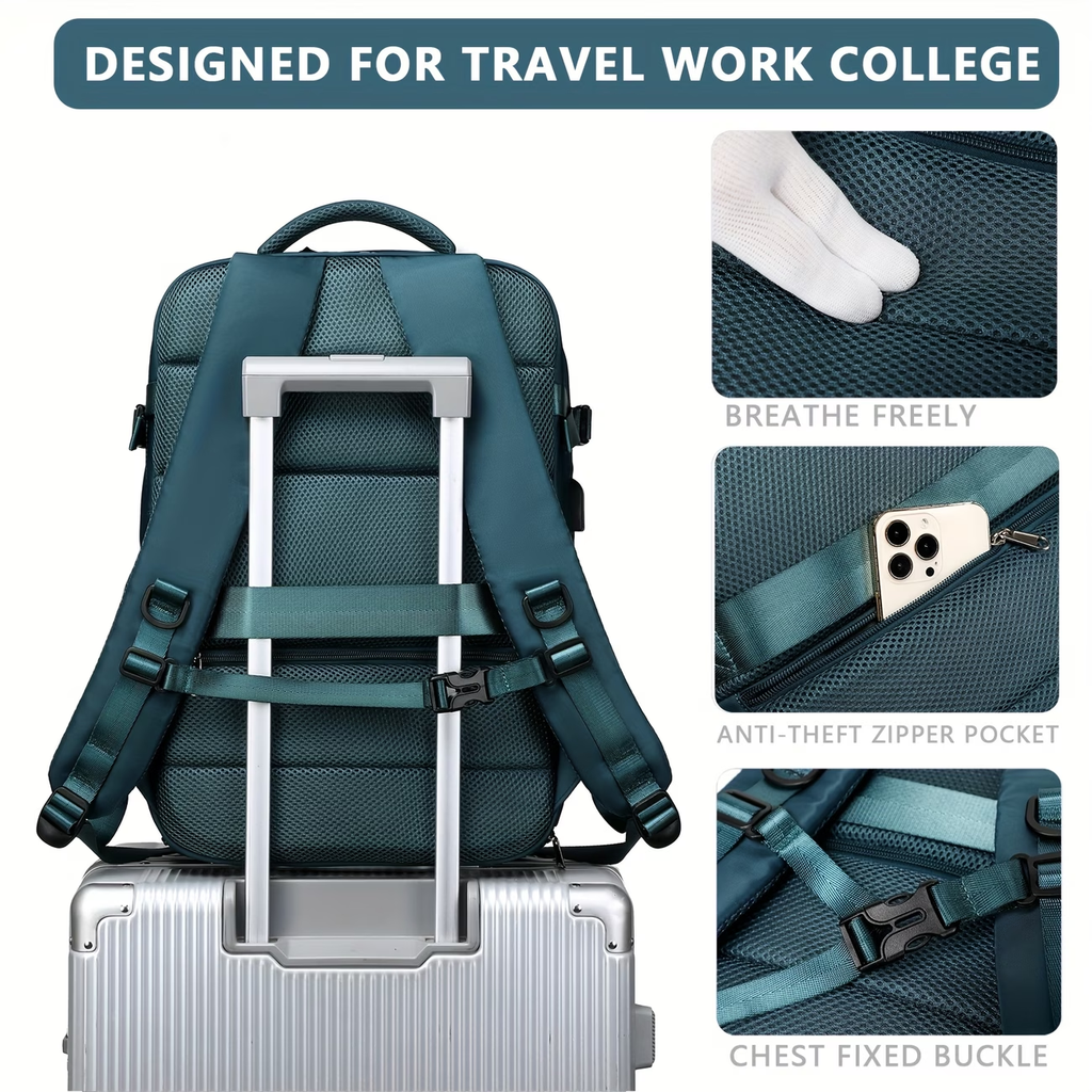 Airline-Approved Large Capacity Travel Backpack with 16" Laptop Compartment, Shoe Pocket & Multi-Pocket Organizer - Durable 180° Open Top, USB Charging, 360° Spinner Wheels for Business, Gym, School, Travel Backpack
