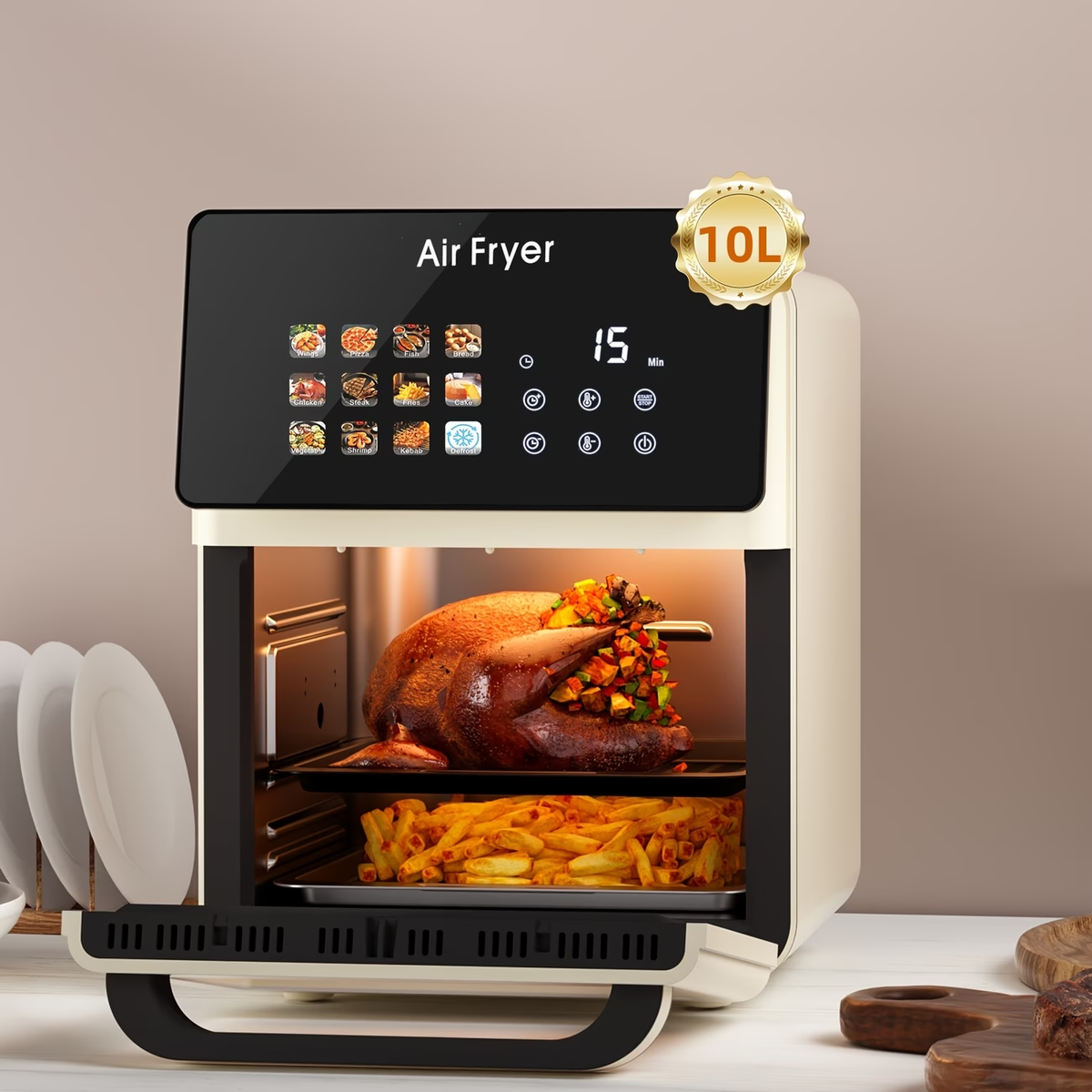 2.64gal Large Pro Air Fryer Oven with Grill Combo for Kitchen Use, 12-In-1 Smart Convection Ovens, Air Fryer with Glass Viewing Window, Nonstick Basket, Fryer Liners, Removable Door - White