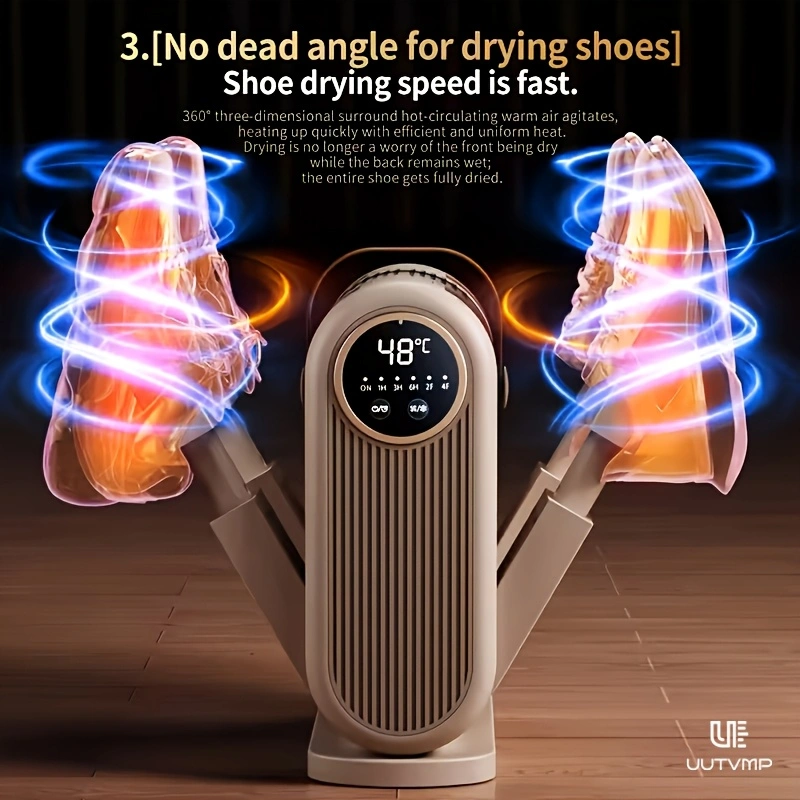This smart shoe dryer features instant heating, 4x stronger airflow, a constant 48°C temperature for gentle shoe drying, 360° thorough drying, and automatic shut-off when retracted