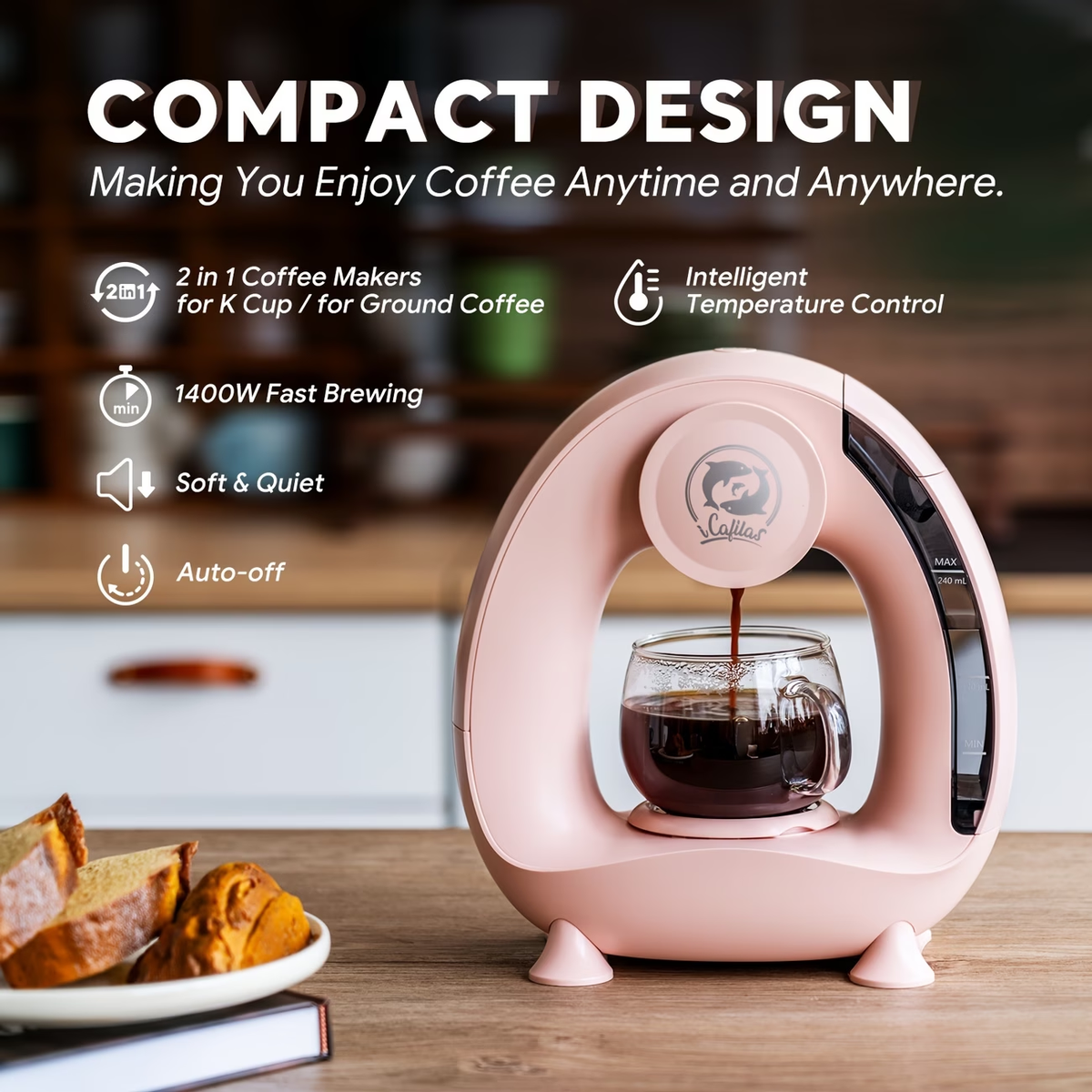 4-8oz Single Serve Coffee Maker 2in 1 Americano Mini Coffee Machine Compatible with Coffee Ground & K Cup, Automatic Drip Coffee Maker/Tea Maker for Home Travel, Fast Brewing & Quiet